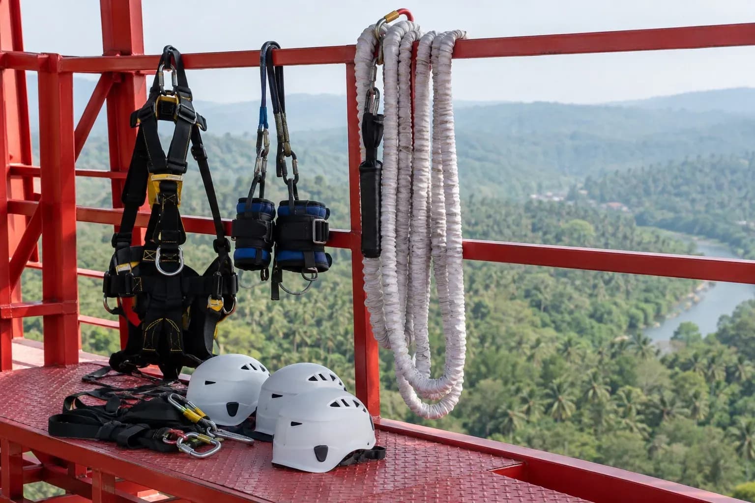 Bungee harness and rope on a red platform
