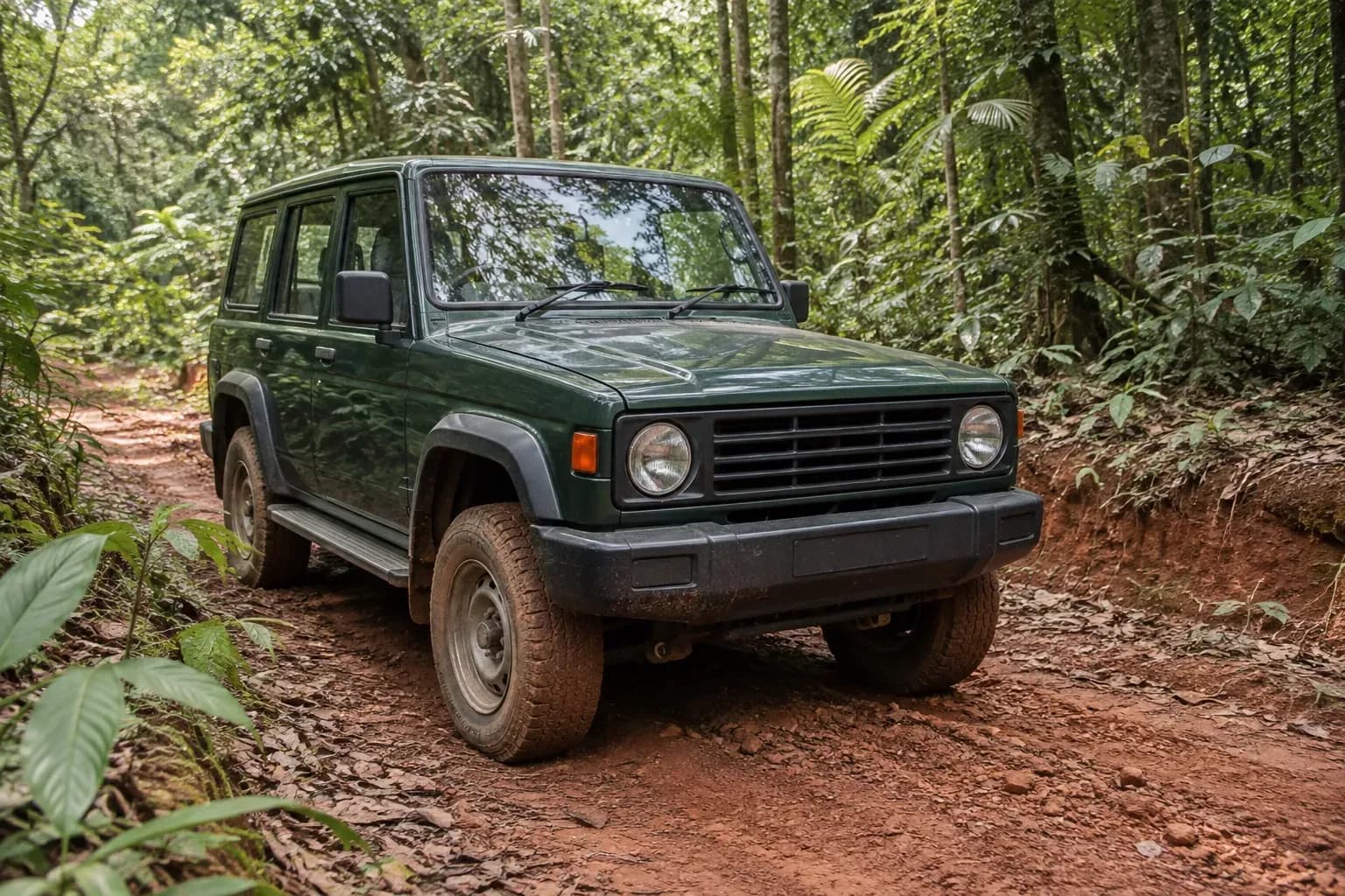 Utilitarian jeep on a Goa forest track