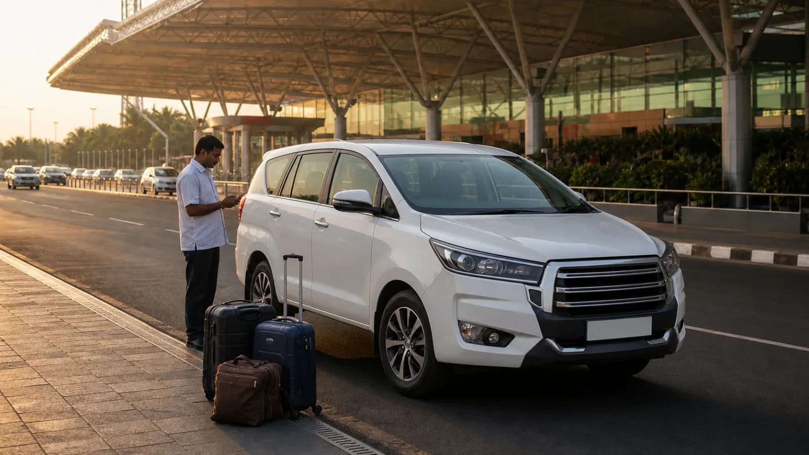 A driver loading bags into a car outside the terminal
