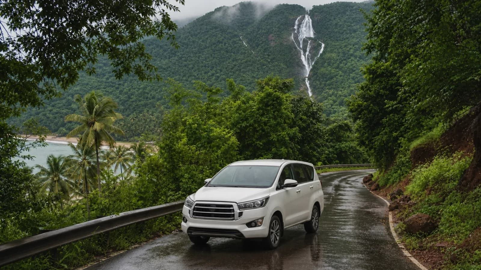 White Innova Crysta class vehicle on a green monsoon road in South Goa