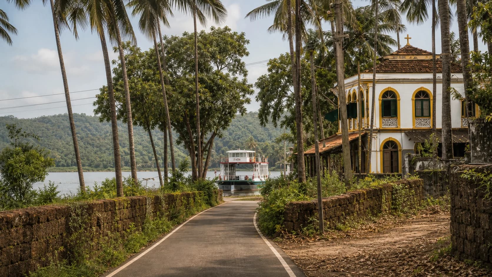 A quiet Goa road leading towards the Mandovi river
