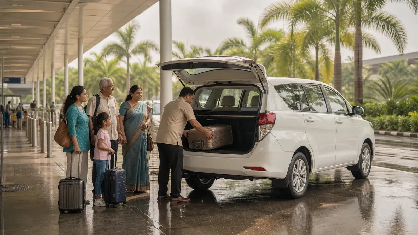 Multigenerational Indian family loading luggage into a white MPV at a Goa airport