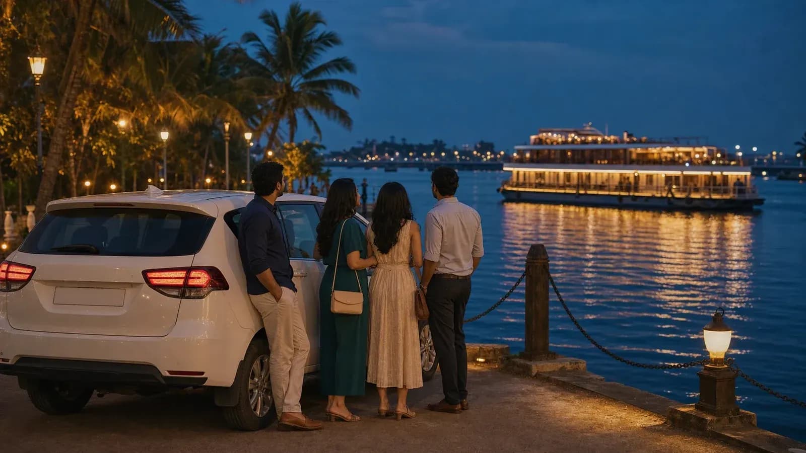 Friends arriving for an evening Mandovi river cruise in Panaji