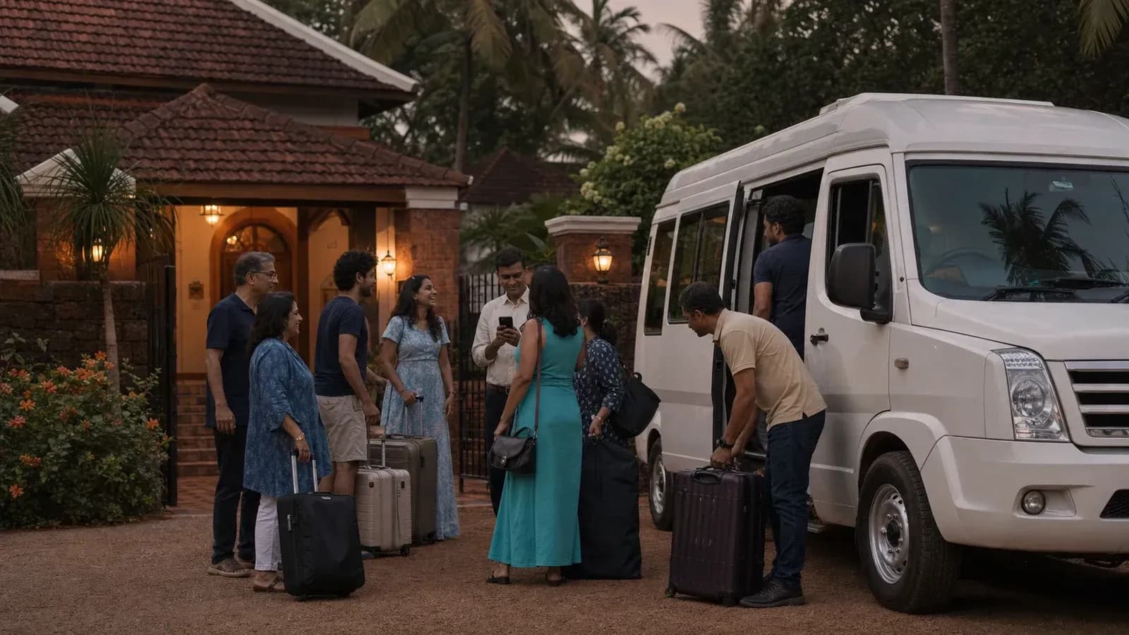 Group boarding a white Tempo Traveller outside a Goan villa