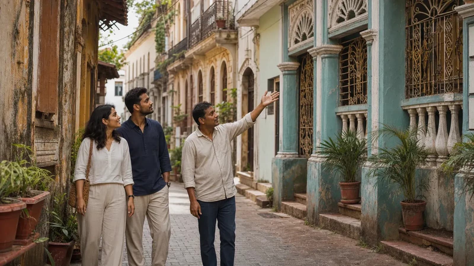 Indian travellers exploring heritage architecture in Fontainhas, Panaji