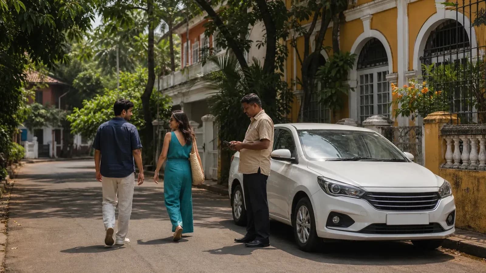 Travellers using hourly car hire beside a white sedan in Panaji