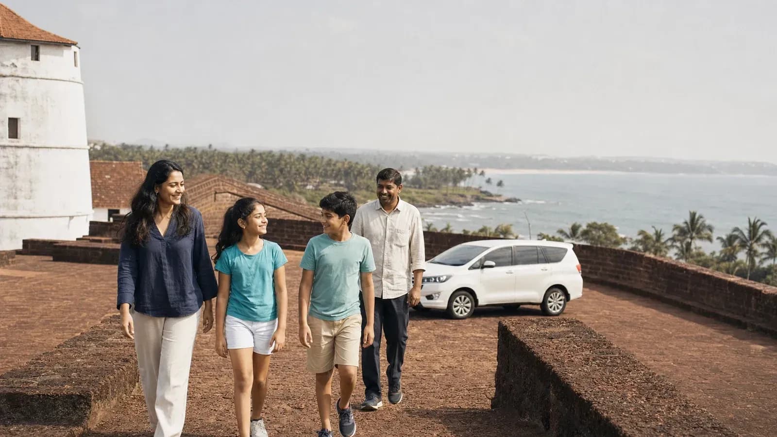 Family exploring Fort Aguada on a North Goa sightseeing trip