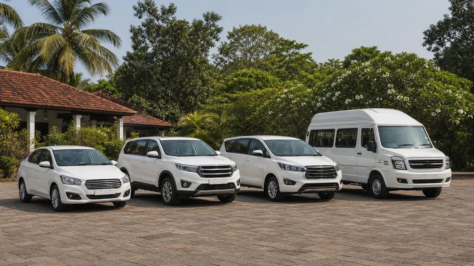White sedan, SUV, MPV and Tempo Traveller lined up in Goa