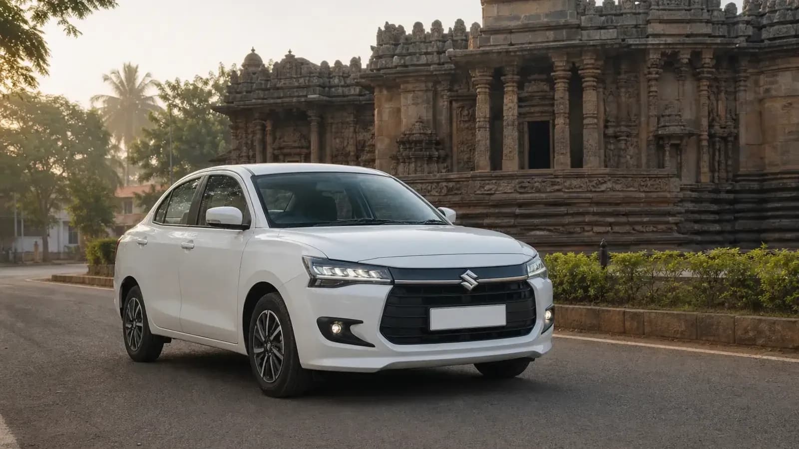 White Maruti Suzuki Dzire near Chandramouleshwara Temple in Hubli