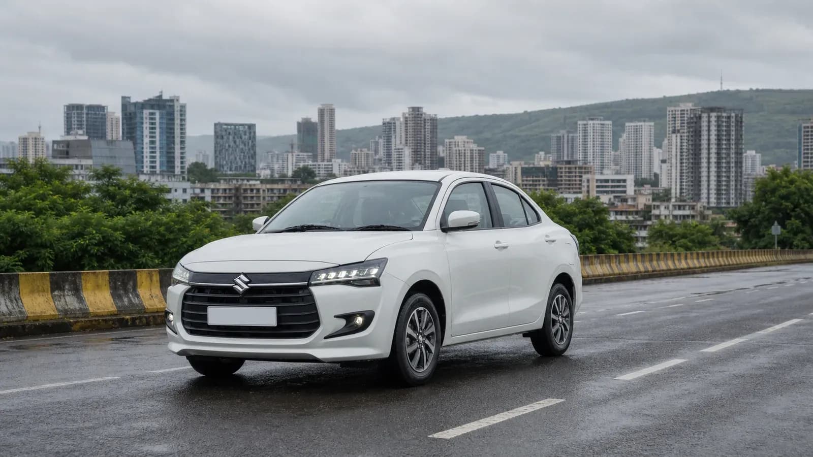 White Maruti Suzuki Dzire arriving in Pune after monsoon rain