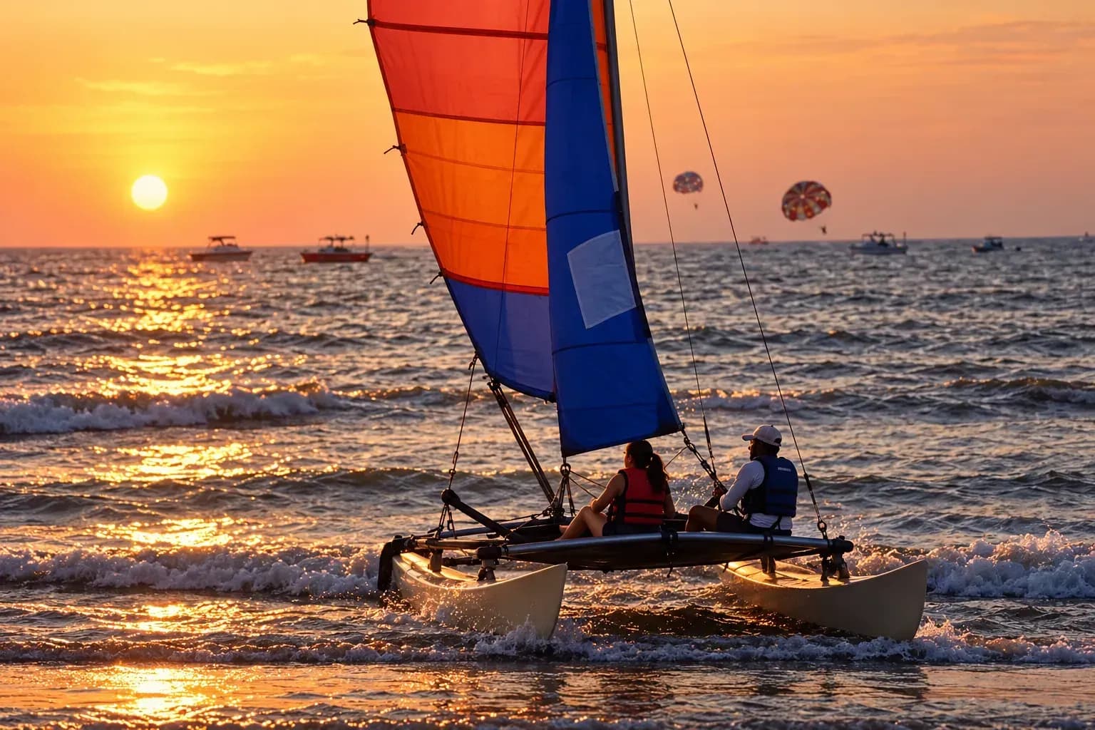 Catamaran sailing lesson, reference-guided activity scene