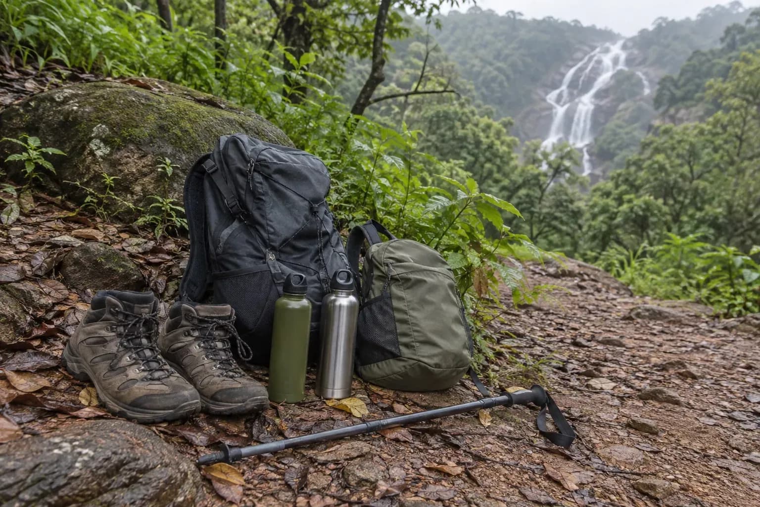 Trekking boots and daypacks beside a forest path