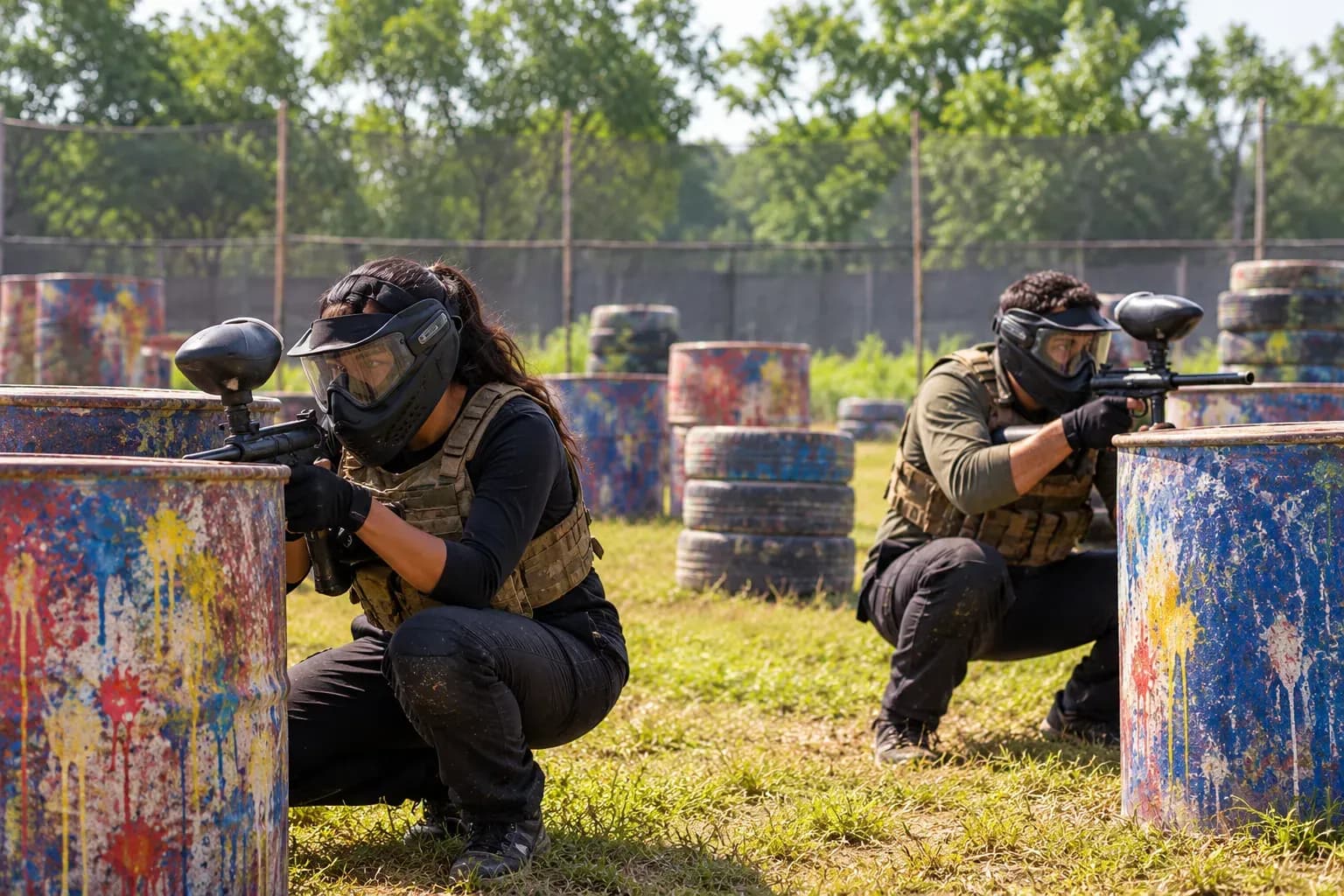 Paintball session, reference-guided activity scene