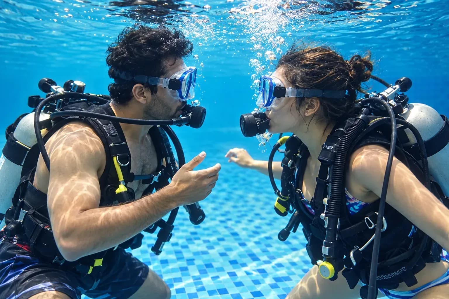 Scuba course enquiry, reference-guided activity scene