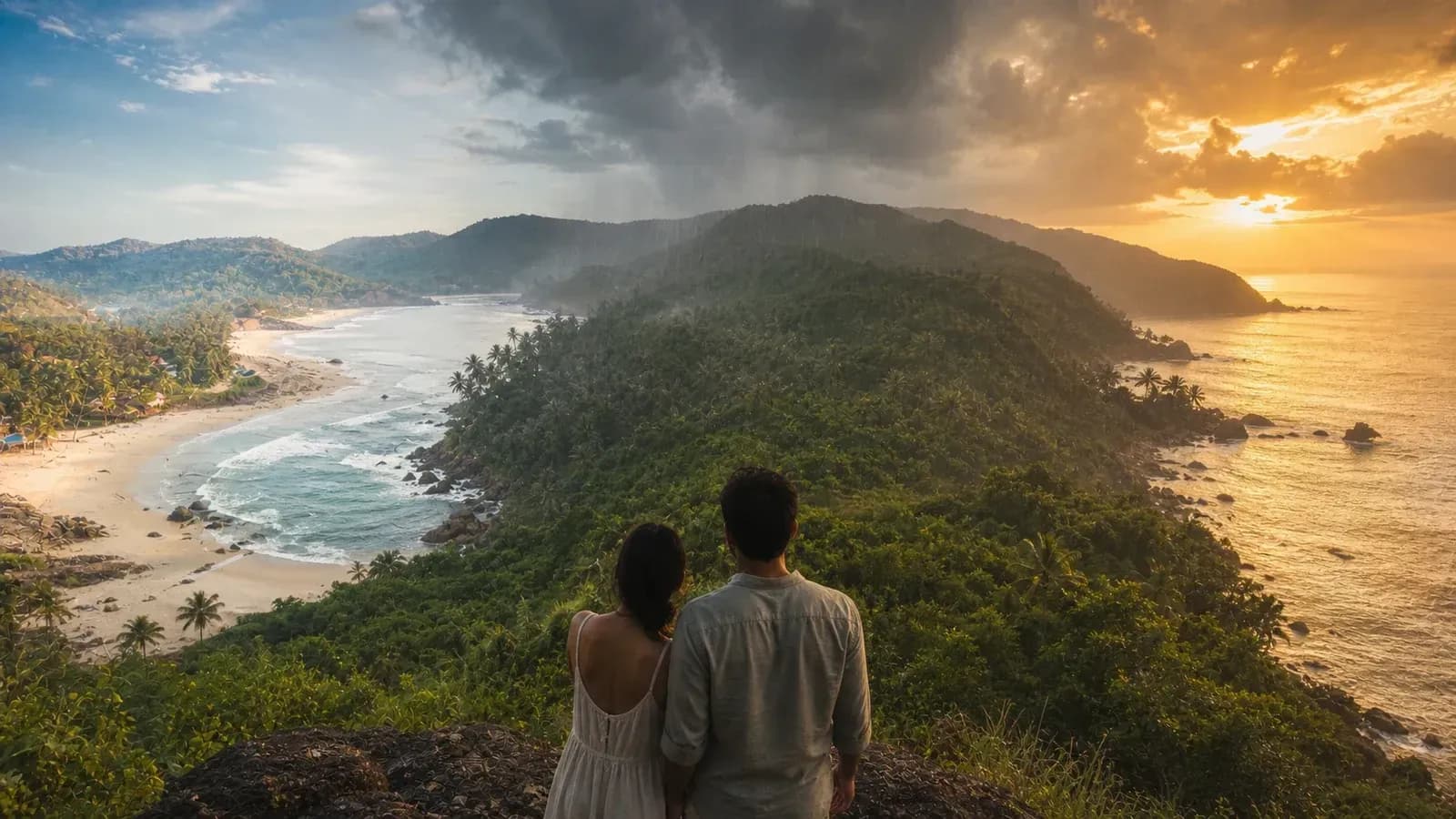 Goa coast shown across dry season, monsoon rain and golden evening
