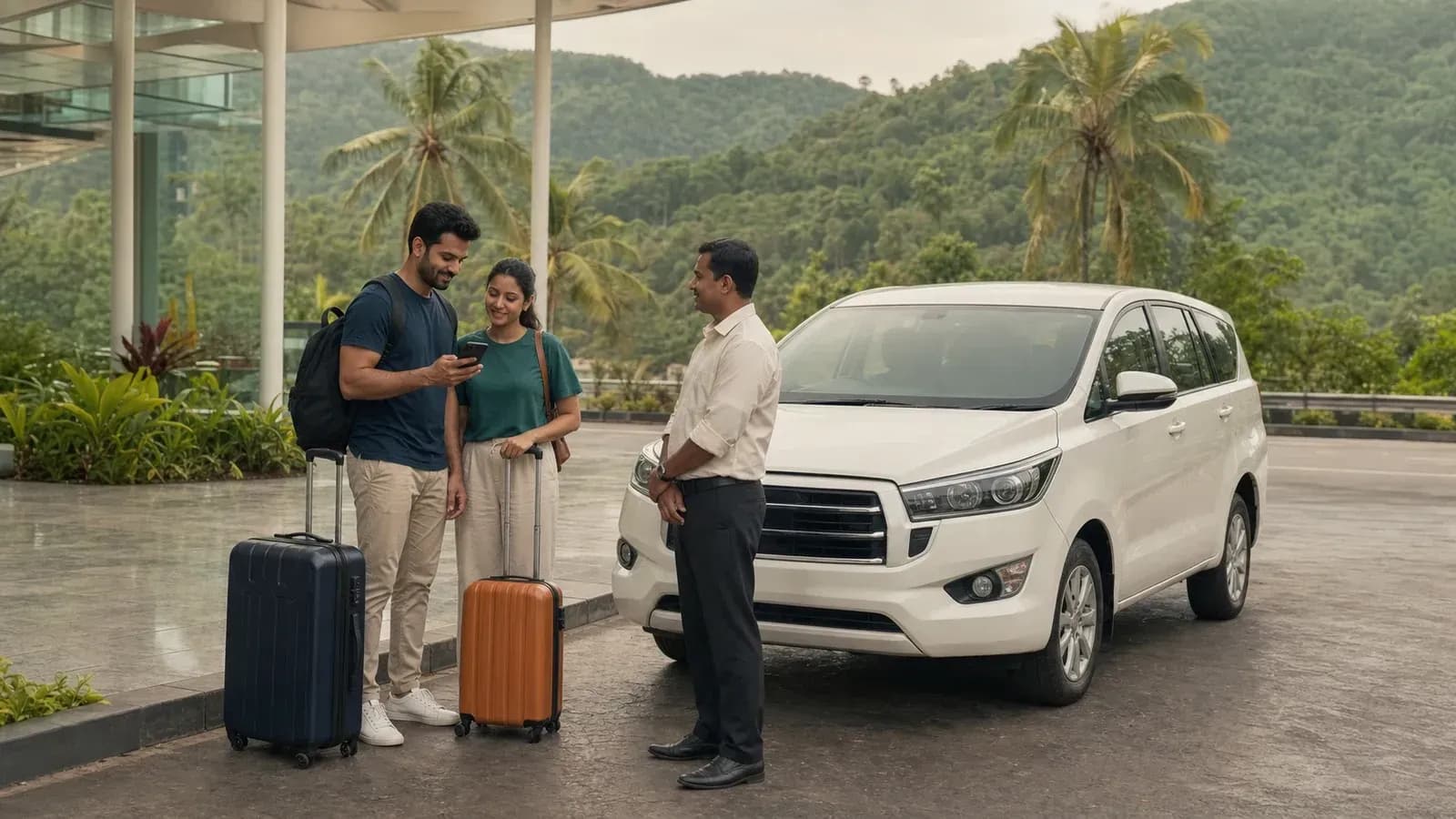 Indian travellers comparing Goa airport pickup plans beside an unbranded white MPV