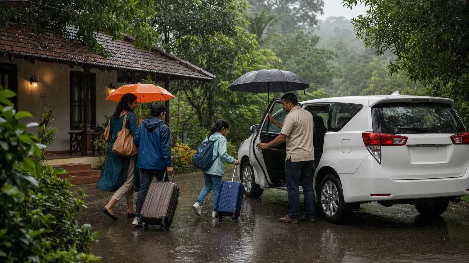 Family boarding a white MPV during monsoon rain in Goa