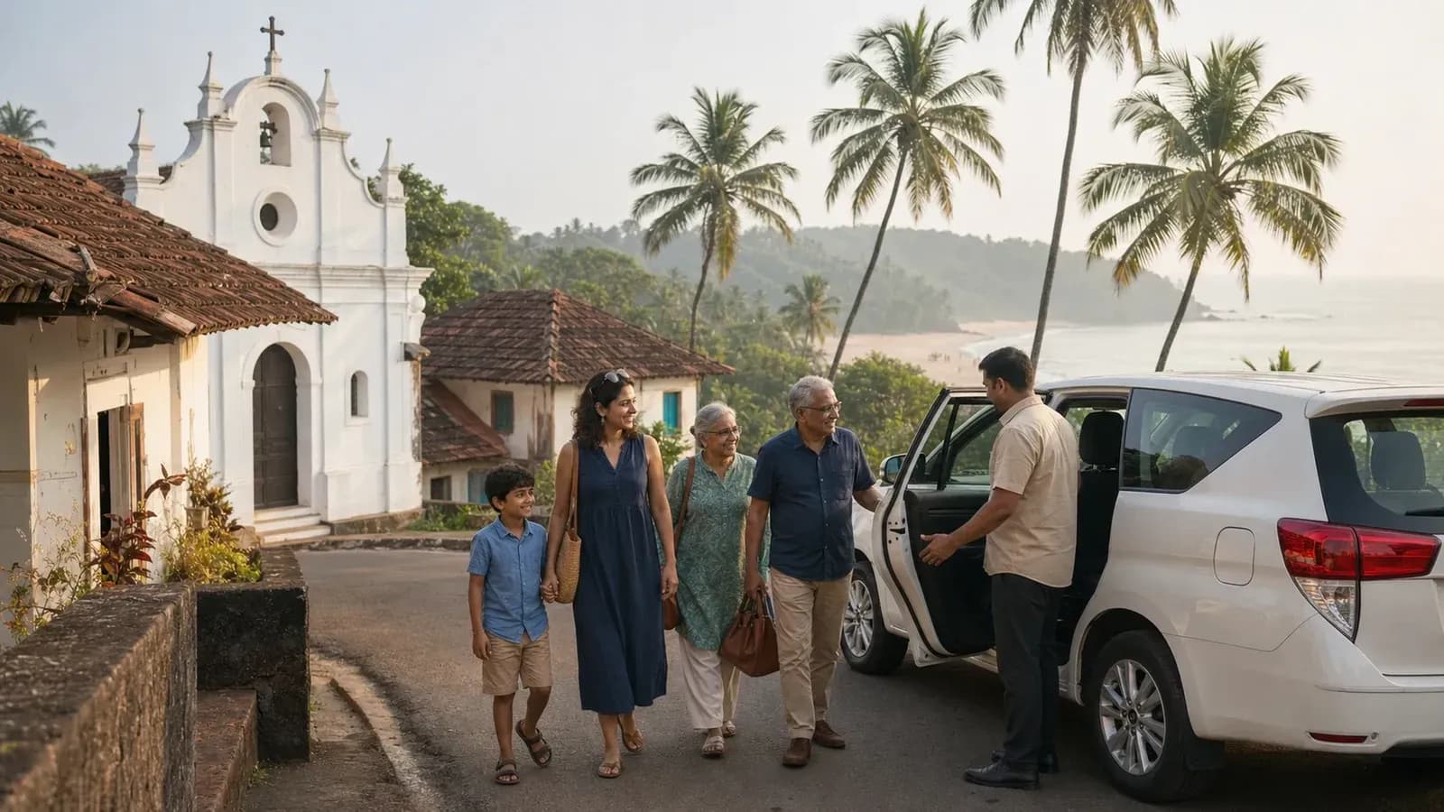 Multigenerational family arriving near a South Goa chapel and coast
